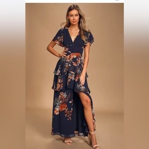 Midnight Mood Navy Blue Floral Print Tiered Maxi Dress